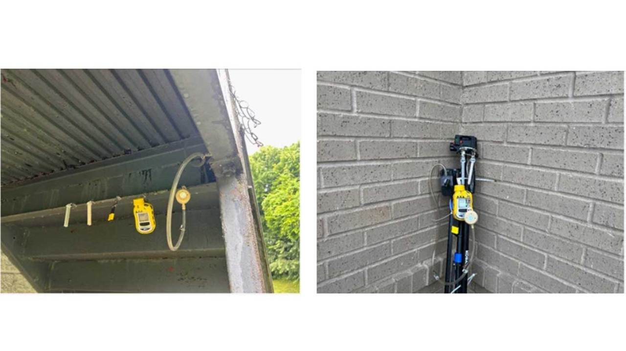 Photos of air quality monitoring equipment show them close to buildings.