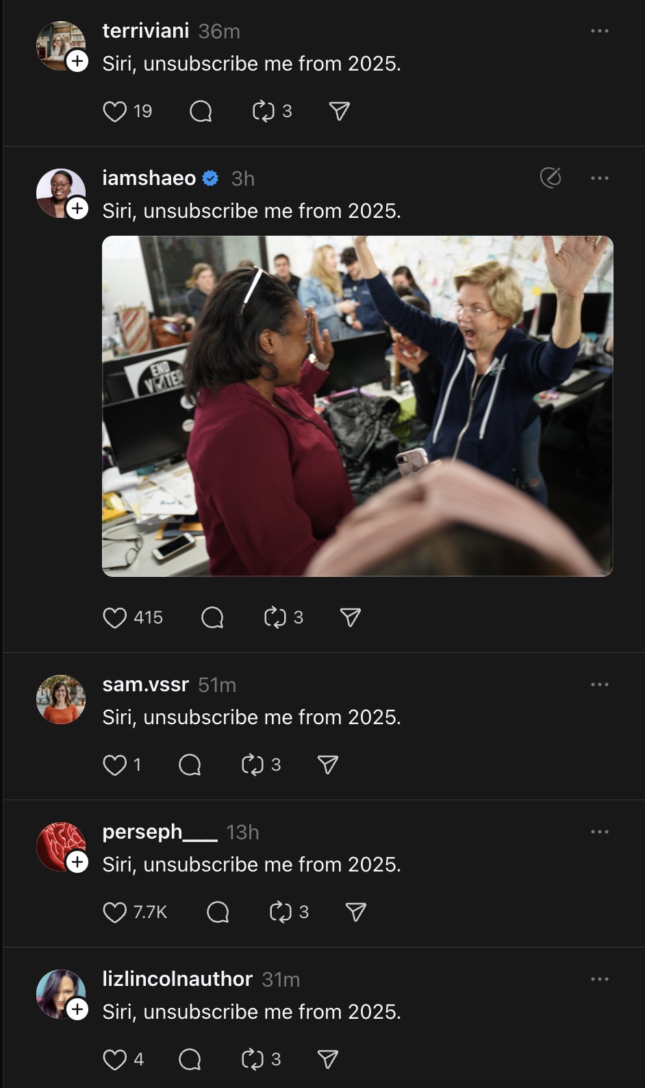A screenshot of a Threads feed where every user is saying "Siri, unsubscribe me from 2025."