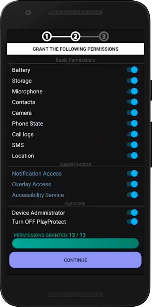 a screenshot showing the Catwatchful stalkerware app, which can be forced to appear by tapping "543210" into an affected Android phone's app keypad.