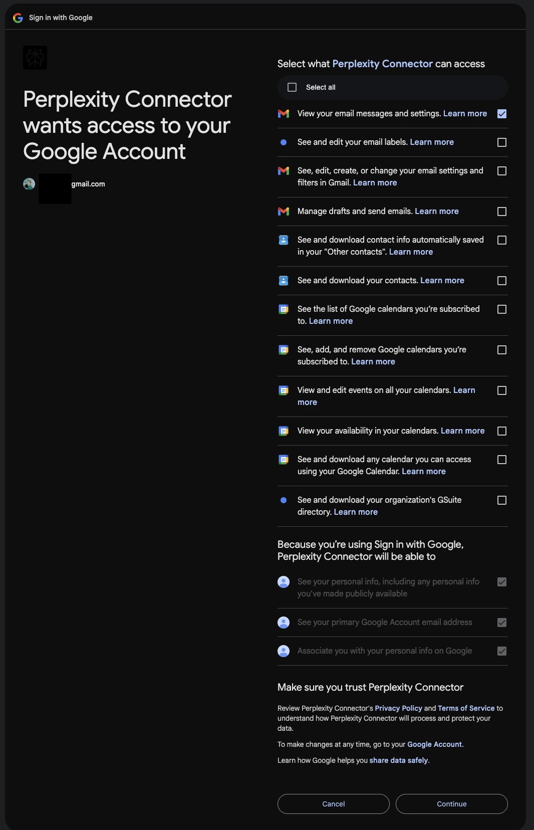 a list of more than a dozen permissions that Perplexity's browser asks for access to when connecting to a person's Google Account.