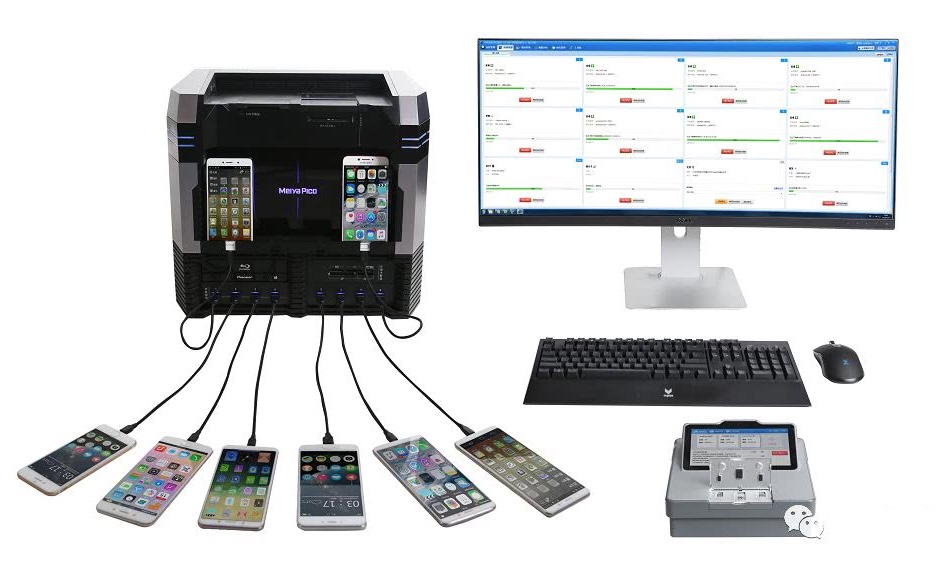 An Massistant device showing a tower computer plugged into several iPhones.